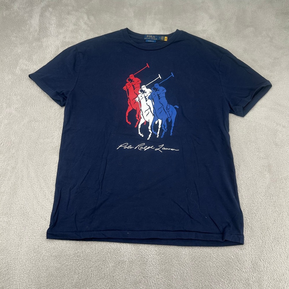 Polo Ralph Lauren Classic Fit Tricolor Triple Big Pony Shirt Mens Medium Blue